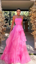 Gorgeous A Line Strapless Pink Long Prom Dress