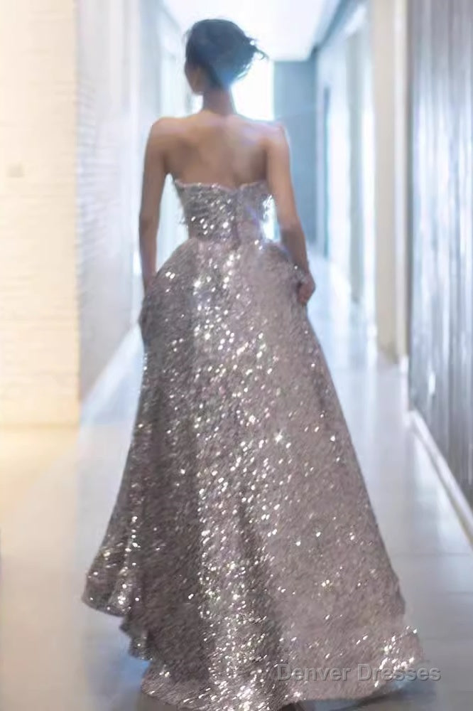 Gorgeous A Line Strapless Sequin Silver Prom Dress Secondary image