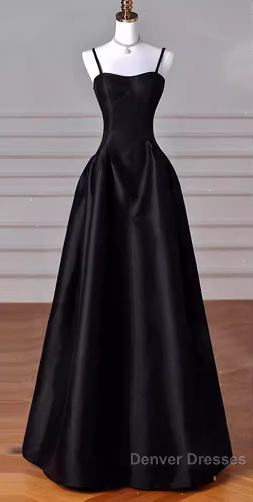 Gorgeous A Line Straps Satin Black Prom Dress