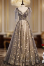 Gorgeous A-line V-neckline Long Party Dress Prom Dress, Lace Evening Dress