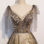 Gorgeous A-line V-neckline Long Party Dress Prom Dress, Lace Evening Dress