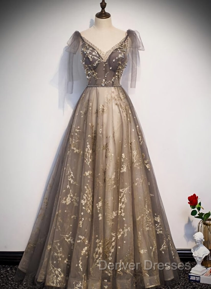 Gorgeous A-line V-neckline Long Party Dress Prom Dress, Lace Evening Dress