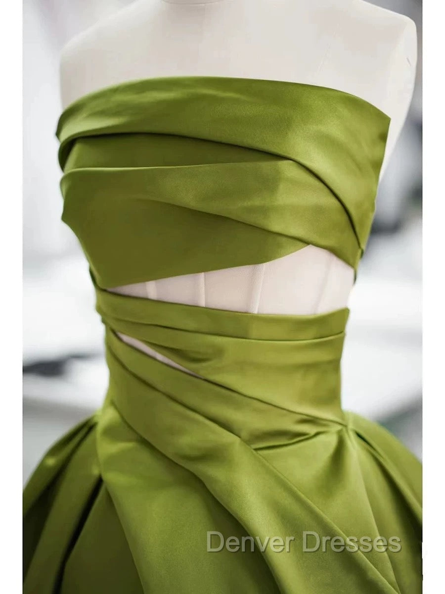 Gorgeous Balll Gown Strapless Green Satin Ruffles Long Evening Dress Prom Dress