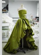 Gorgeous Balll Gown Strapless Green Satin Ruffles Long Evening Dress Prom Dress