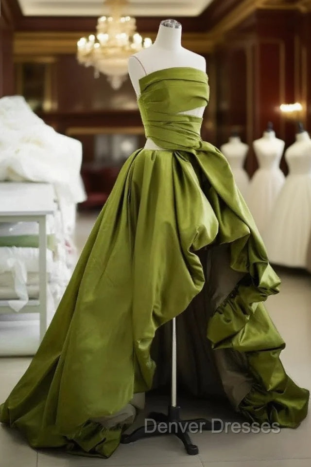 Gorgeous Balll Gown Strapless Green Satin Ruffles Long Evening Dress Prom Dress
