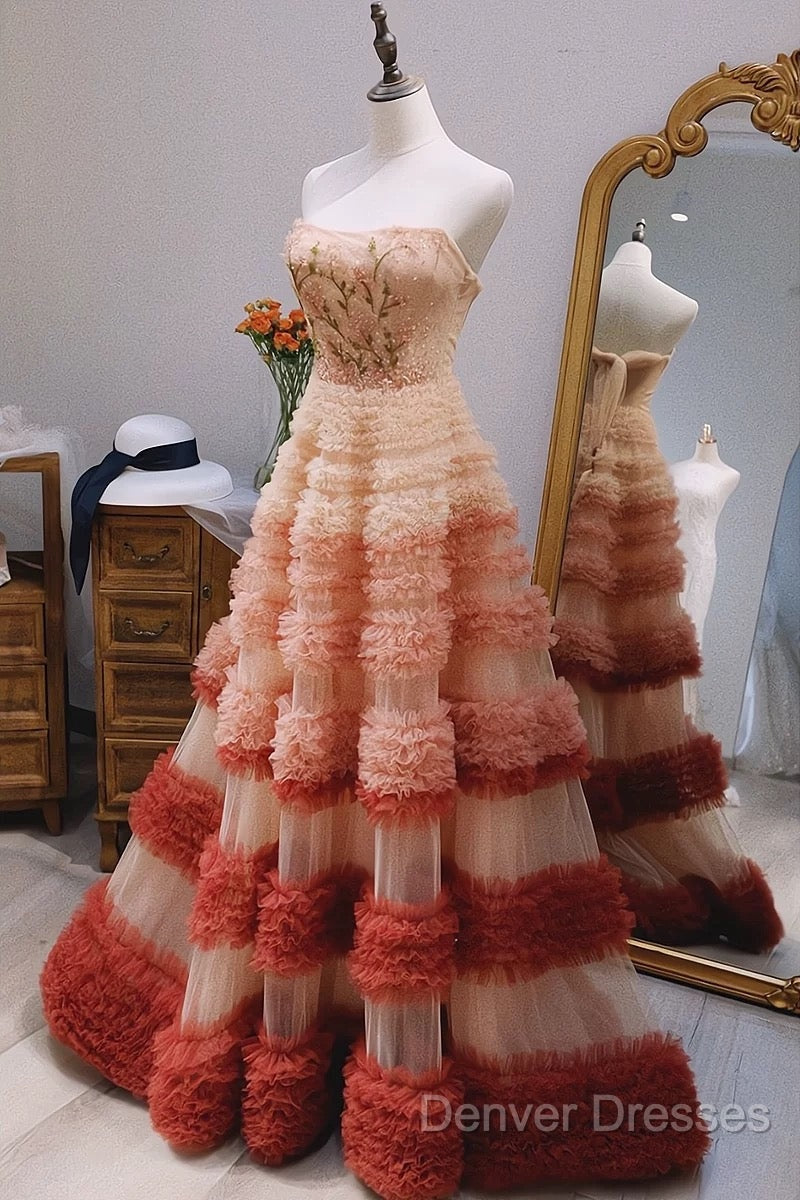 Gorgeous Balll Gown Strapless Tulle Pink Ruffles Long Evening Dress Prom Dress