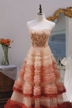 Gorgeous Balll Gown Strapless Tulle Pink Ruffles Long Evening Dress Prom Dress