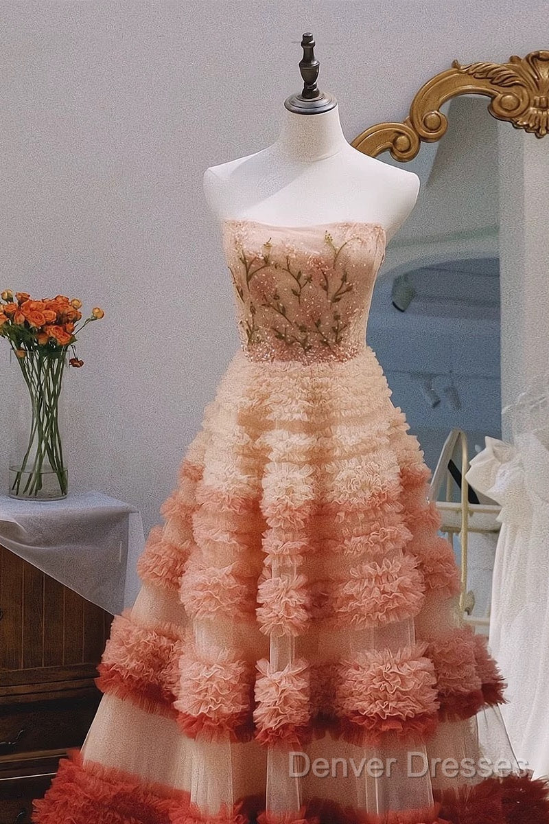 Gorgeous Balll Gown Strapless Tulle Pink Ruffles Long Evening Dress Prom Dress