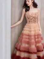 Gorgeous Balll Gown Strapless Tulle Pink Ruffles Long Evening Dress Prom Dress