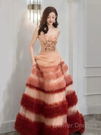 Gorgeous Balll Gown Strapless Tulle Pink Ruffles Long Evening Dress Prom Dress