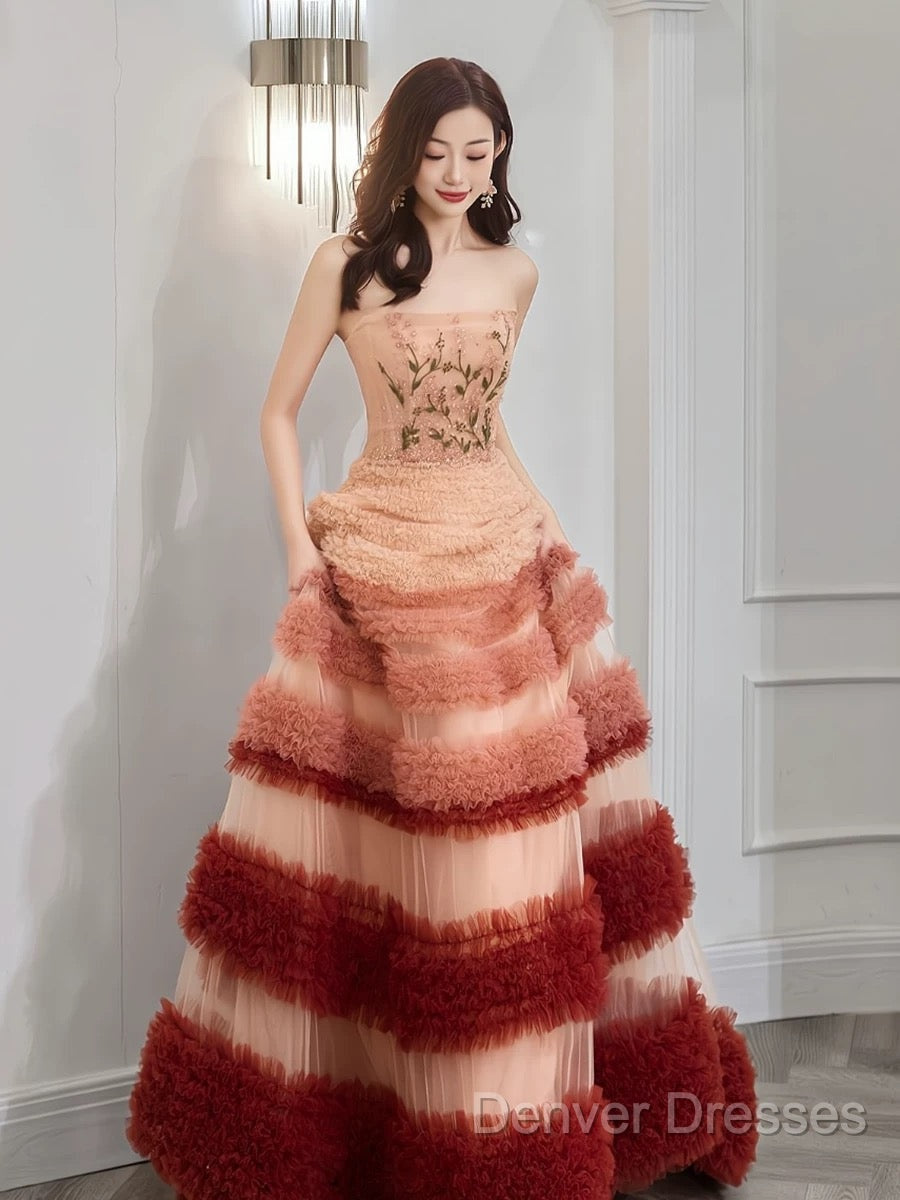 Gorgeous Balll Gown Strapless Tulle Pink Ruffles Long Evening Dress Prom Dress