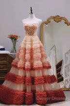 Gorgeous Balll Gown Strapless Tulle Pink Ruffles Long Evening Dress Prom Dress