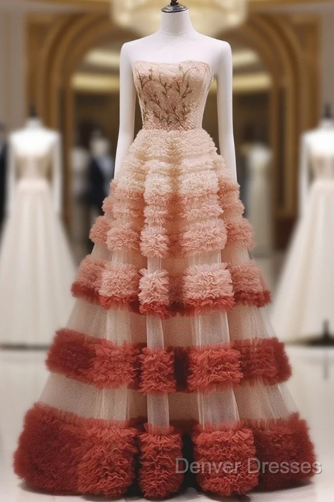 Gorgeous Balll Gown Strapless Tulle Pink Ruffles Long Evening Dress Prom Dress Main image
