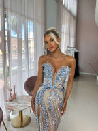 Gorgeous Beaded Sexy Elegant V-Neck Low-Cut Long Slit Prom Dress Evening Gown Party Dress