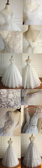 Gorgeous Beading Appliques Unique Gray Tulle A-Line Short Sleeve Lace Up Back Wedding Dress