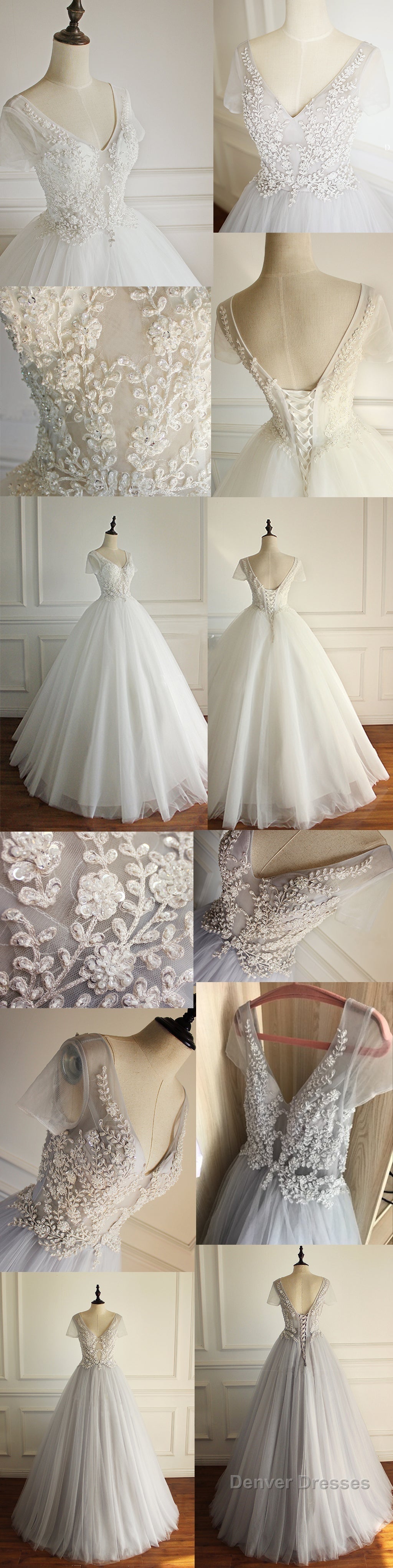 Gorgeous Beading Appliques Unique Gray Tulle A-Line Short Sleeve Lace Up Back Wedding Dress