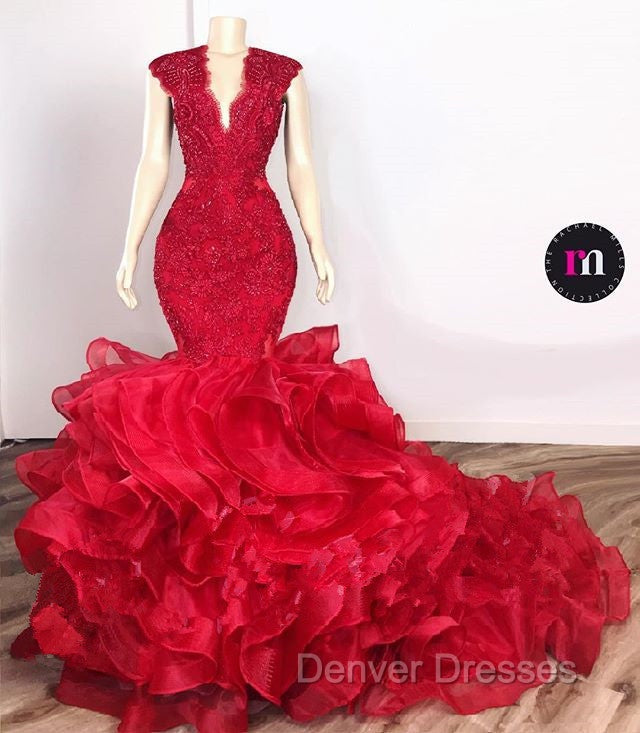 Gorgeous Beads Appliques Red Prom Dress Ruffles Fit and Flare Alluring Evening Gowns