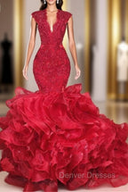 Gorgeous Beads Appliques Red Prom Dress Ruffles Fit and Flare Alluring Evening Gowns