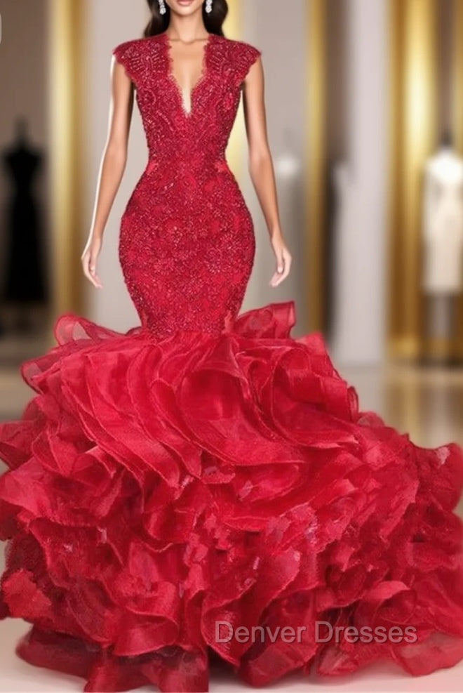 Gorgeous Beads Appliques Red Prom Dress Ruffles Fit and Flare Alluring Evening Gowns