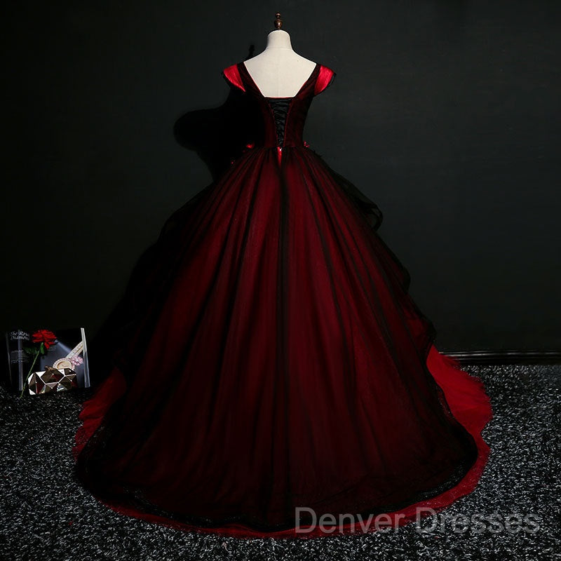 Gorgeous Black And Red Embroidery Quinceanera Dress, Lace Applique Tulle Gowns