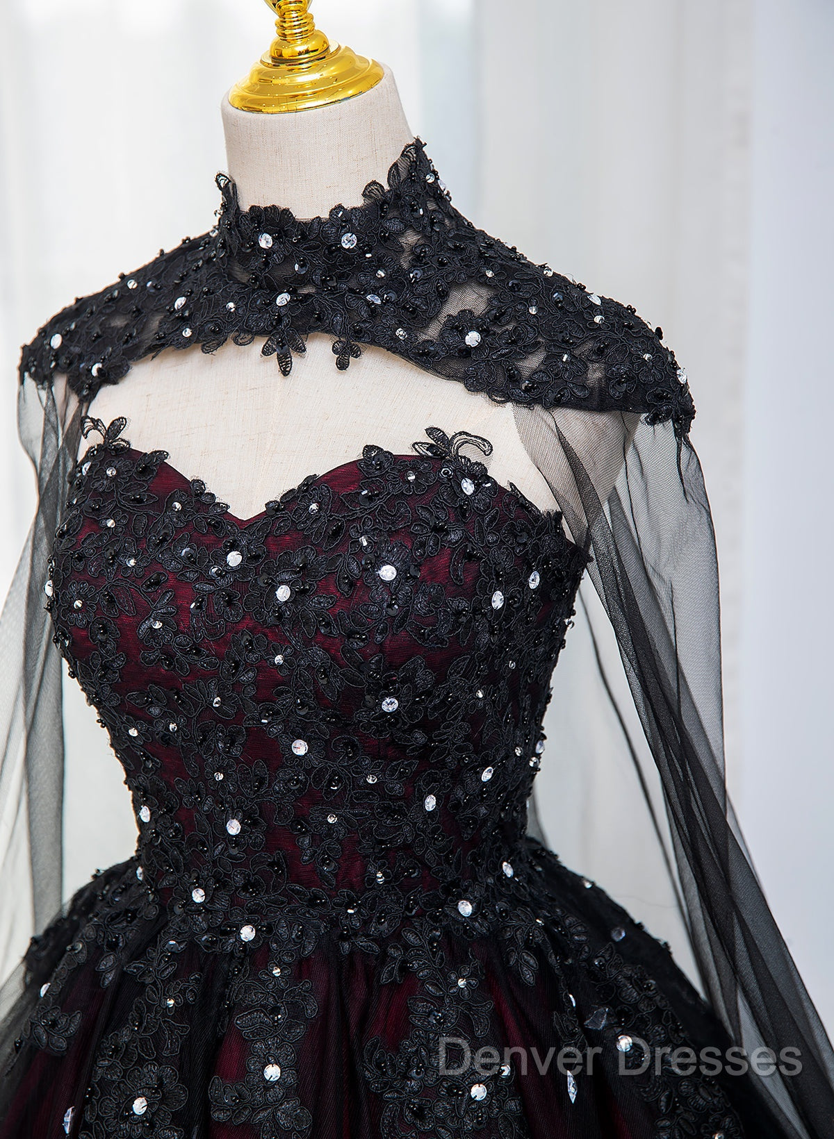 Gorgeous Black And Red Tulle Ball Gown Sweet 16 Dress With Cape, Long Prom Dress Secondary image