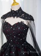 Gorgeous Black And Red Tulle Ball Gown Sweet 16 Dress With Cape, Long Prom Dress