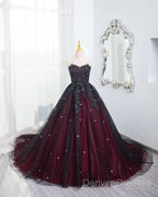 Gorgeous Black And Red Tulle Ball Gown Sweet 16 Dress With Cape, Long Prom Dress