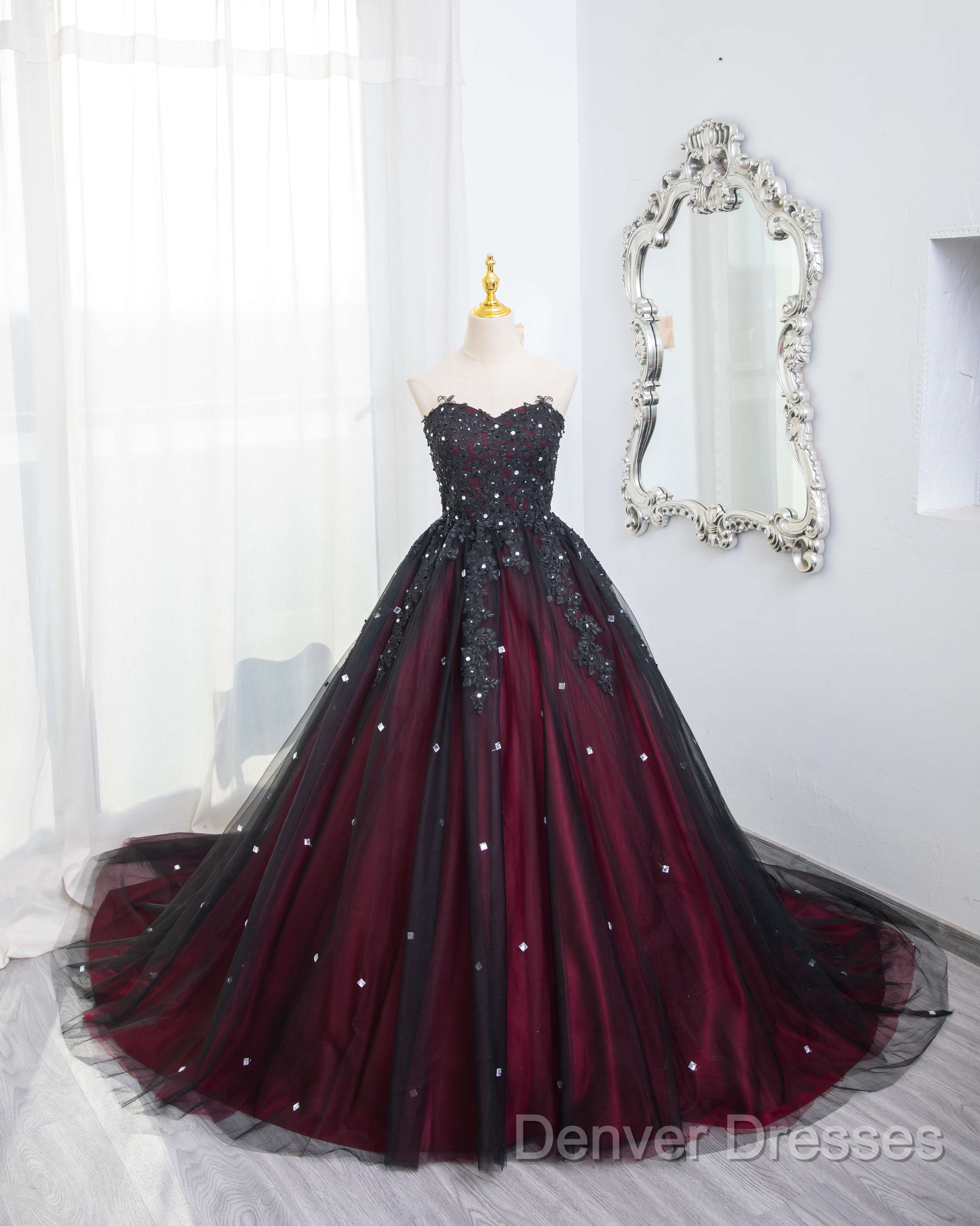 Gorgeous Black And Red Tulle Ball Gown Sweet 16 Dress With Cape, Long Prom Dress