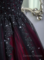 Gorgeous Black And Red Tulle Ball Gown Sweet 16 Dress With Cape, Long Prom Dress