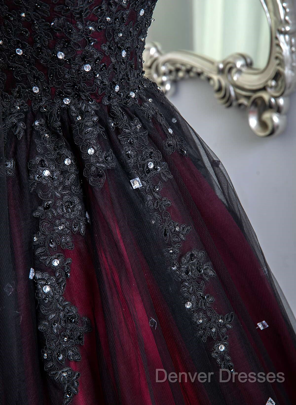 Gorgeous Black And Red Tulle Ball Gown Sweet 16 Dress With Cape, Long Prom Dress