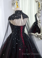 Gorgeous Black And Red Tulle Ball Gown Sweet 16 Dress With Cape, Long Prom Dress
