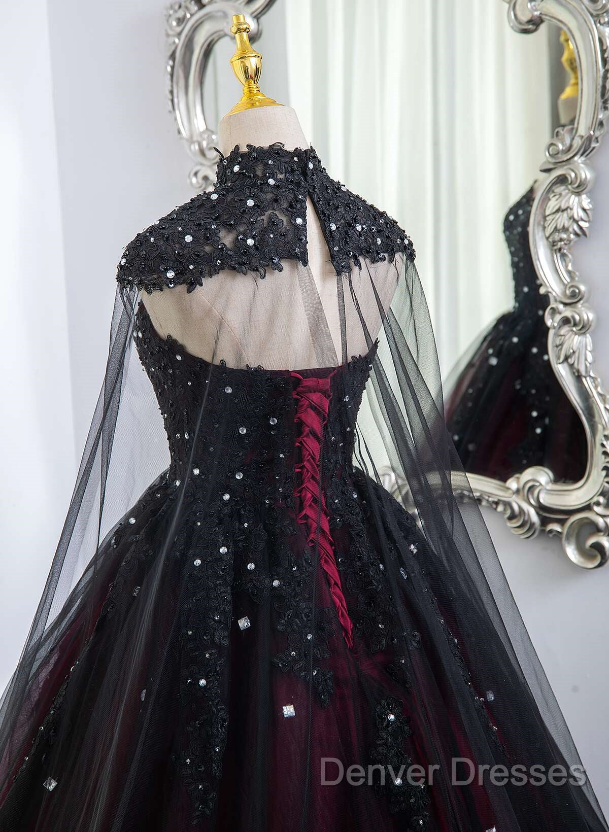 Gorgeous Black And Red Tulle Ball Gown Sweet 16 Dress With Cape, Long Prom Dress