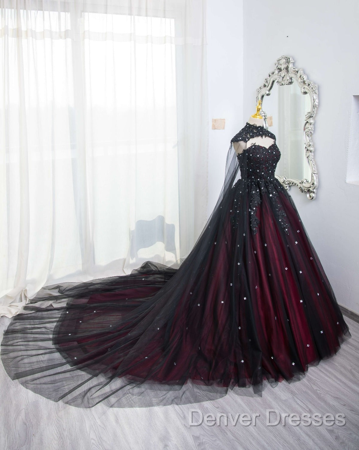 Gorgeous Black And Red Tulle Ball Gown Sweet 16 Dress With Cape, Long Prom Dress