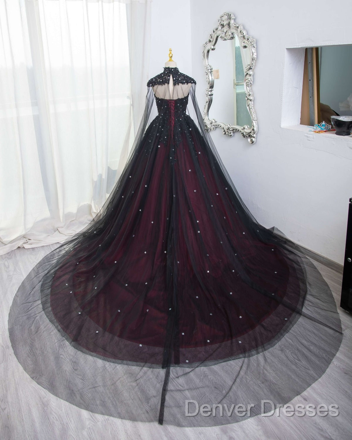 Gorgeous Black And Red Tulle Ball Gown Sweet 16 Dress With Cape, Long Prom Dress