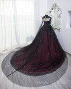Gorgeous Black And Red Tulle Ball Gown Sweet 16 Dress With Cape, Long Prom Dress