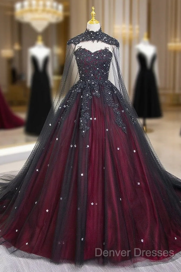 Gorgeous Black And Red Tulle Ball Gown Sweet 16 Dress With Cape, Long Prom Dress