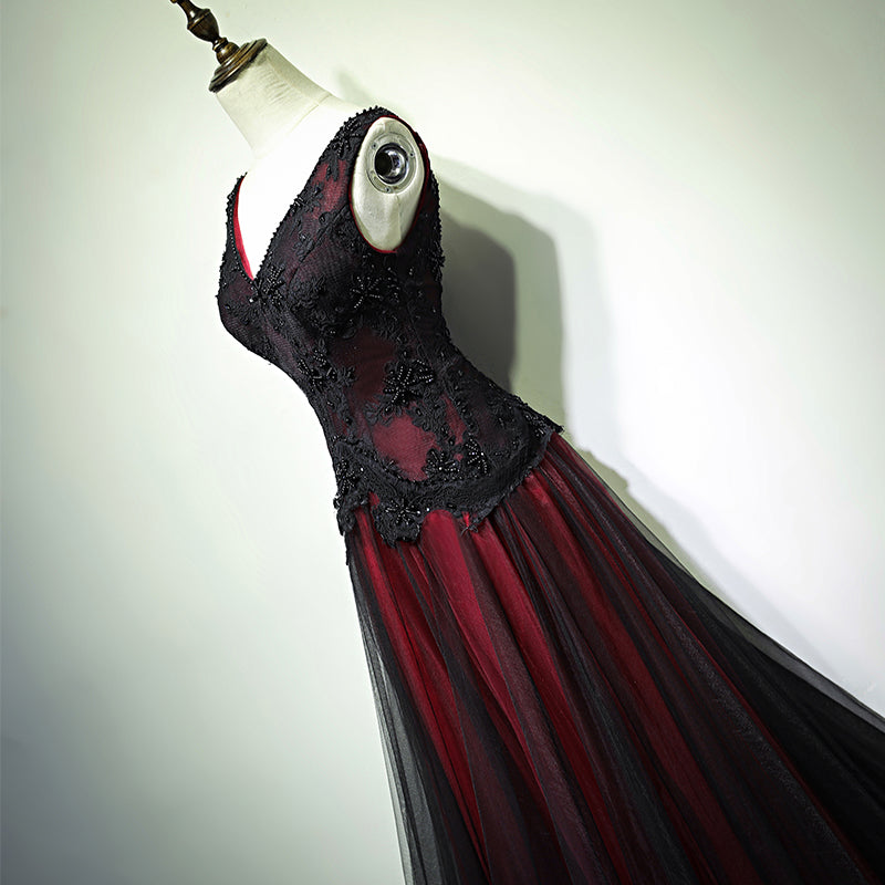 Gorgeous Black And Red V-Neckline Tulle Beaded Prom Dress, Long Evening Gown