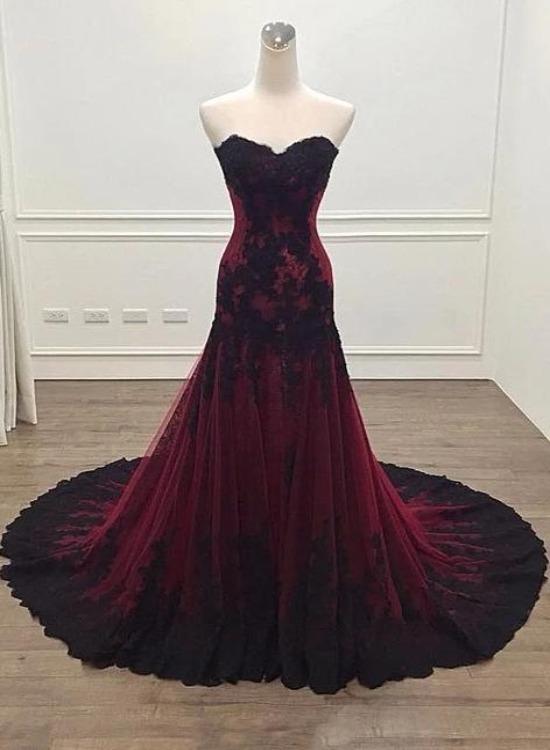 Gorgeous Black And Wine Red Mermaid Long Evening Gown Party Dress, Sweetheart Lace Formal Dress