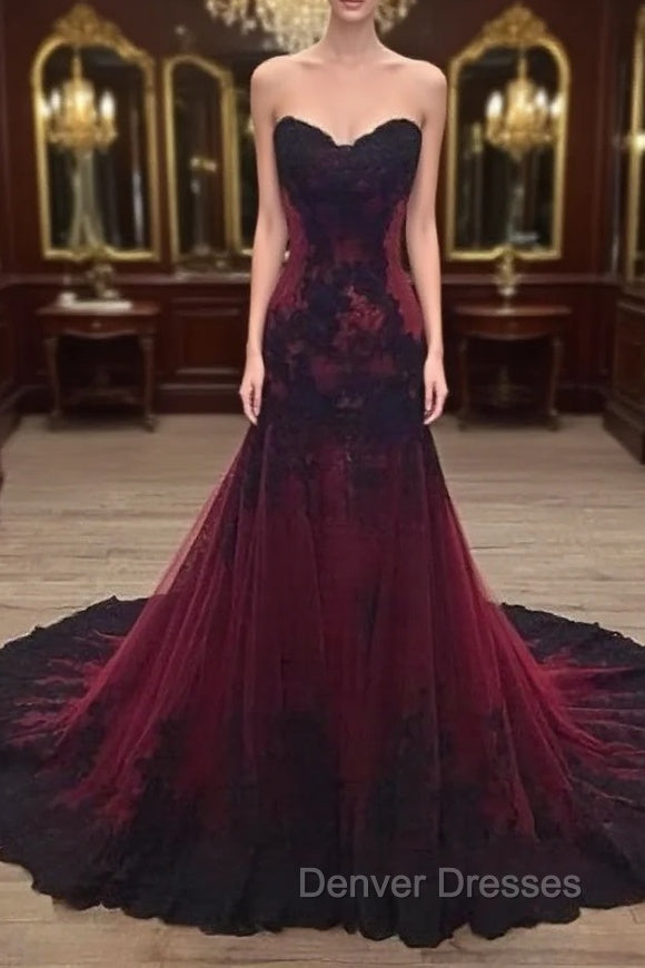 Gorgeous Black and Wine Red Mermaid Long Evening Gown Party Dress, Sweetheart Lace Formal Dress Main image
