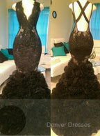 Gorgeous Black Mermaid V-Neck Tulle Appliques Open-Back Prom Party Gowns