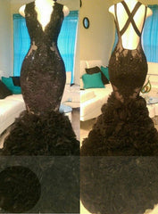 Gorgeous Black Mermaid V-Neck Tulle Appliques Open-Back Prom Party Gowns
