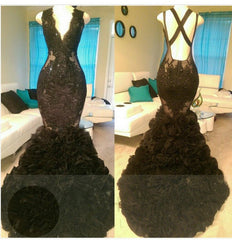 Gorgeous Black Mermaid V-Neck Tulle Appliques Open-Back Prom Party Gowns
