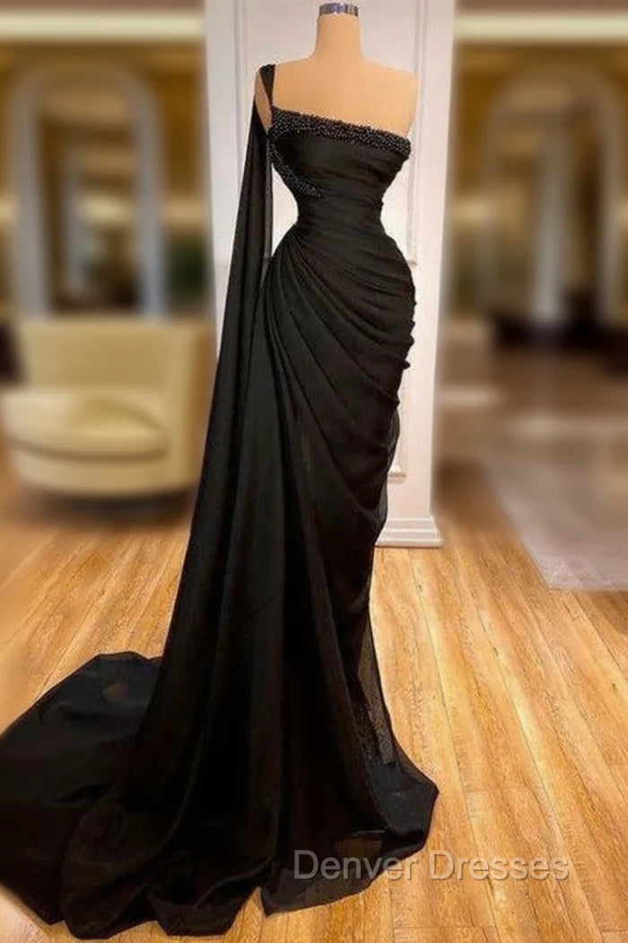 Gorgeous Black One Shoulder Mermaid Prom Dress Long Ruffles Main image