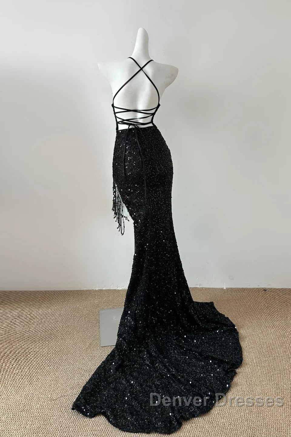Gorgeous Black Sequin Mermaid Spaghetti Strap Vling Long Prom Dress Backless Formal Evening Dress
