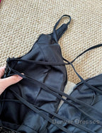 Gorgeous Black Sequin Mermaid Spaghetti Strap Vling Long Prom Dress Backless Formal Evening Dress