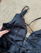 Gorgeous Black Sequin Mermaid Spaghetti Strap Vling Long Prom Dress Backless Formal Evening Dress