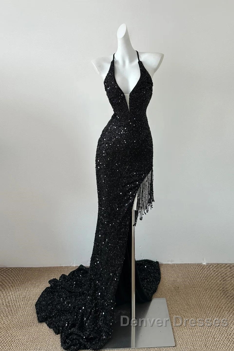 Gorgeous Black Sequin Mermaid Spaghetti Strap Vling Long Prom Dress Backless Formal Evening Dress