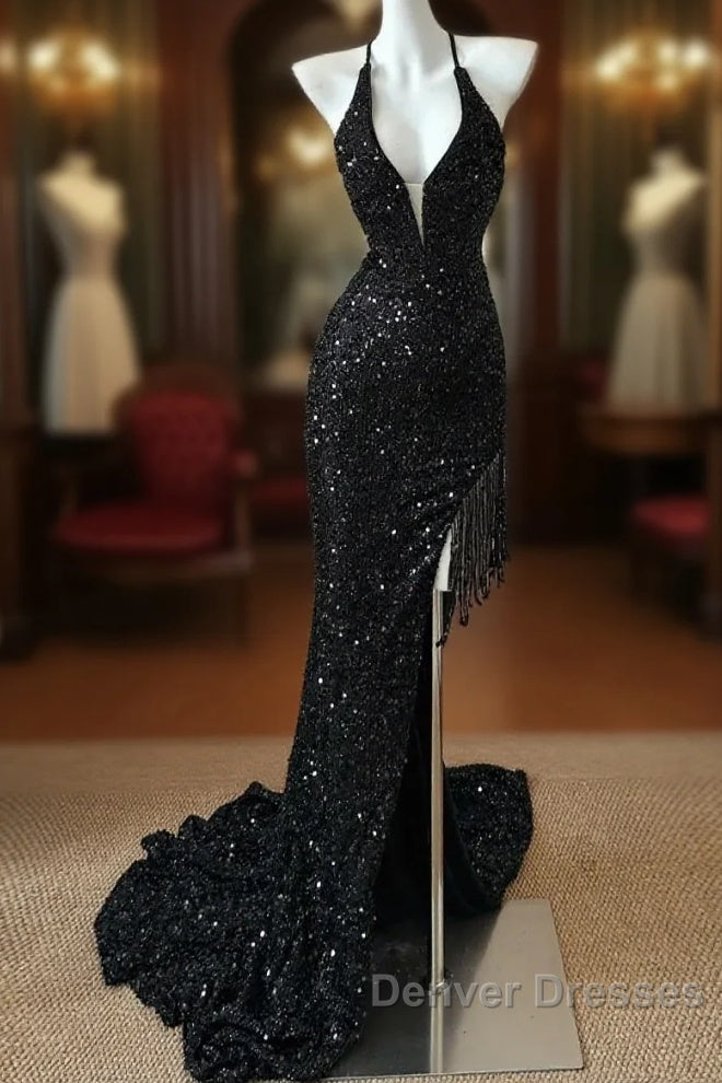 Gorgeous Black Sequin Mermaid Spaghetti Strap Vling Long Prom Dress Backless Formal Evening Dress Main image