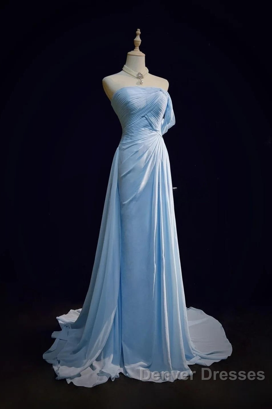 Gorgeous Blue A-Line Chiffon Pleated One Shoulder Slit Long Evening Gown Ball Gown Wedding Dress