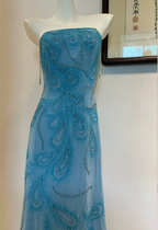 Gorgeous Blue A-Line Strapless Beaded Chiffon Long Prom Dress Evening Dress
